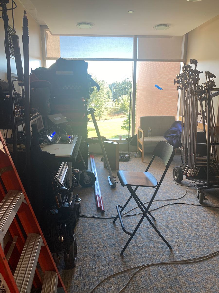 Behind the Scenes – Filmmaking equipment fills the room for shooting in Grand Rapids of Block Party.